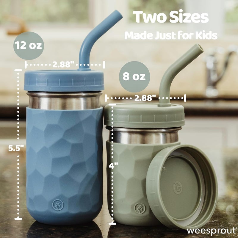 WeeSprout 2-in-1 Drinking Cups for Kids, Durable Stainless Steel Tumbler for Smoothies, Silicone Straws with Stoppers, Premium Plastic Twist Lids, Easy-Grip Sleeves, Set of 4 Dishwasher Safe Kid Cups - Image 2